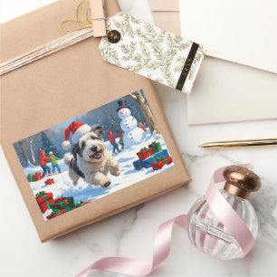 Sticker Rectangulaire Old English Sheepdog Running in Snow Christmas Cas