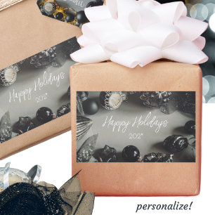 Sticker Rectangulaire Ornements de Noël Noir vintage avec ruban