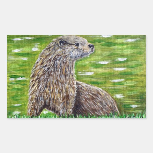 Sticker Rectangulaire Otter sur une peinture de rive d'une rivière (Devant)
