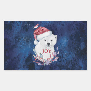 Sticker Rectangulaire Ours polaire Bébé Casquette Oiseau Noël Joie