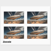 Sticker Rectangulaire OVNI survolant le désert (Feuille)