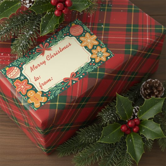 Sticker Rectangulaire Pain d'épices rustique Holly Wreath Joyeux Noël