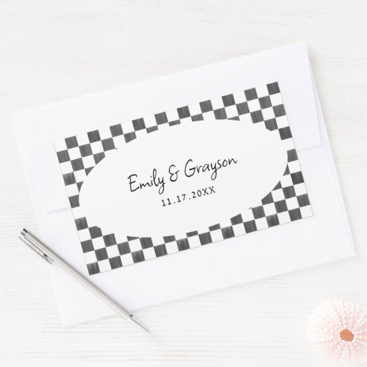 Sticker Rectangulaire Painted Black Checkerboard Pattern Wedding (Enveloppe)