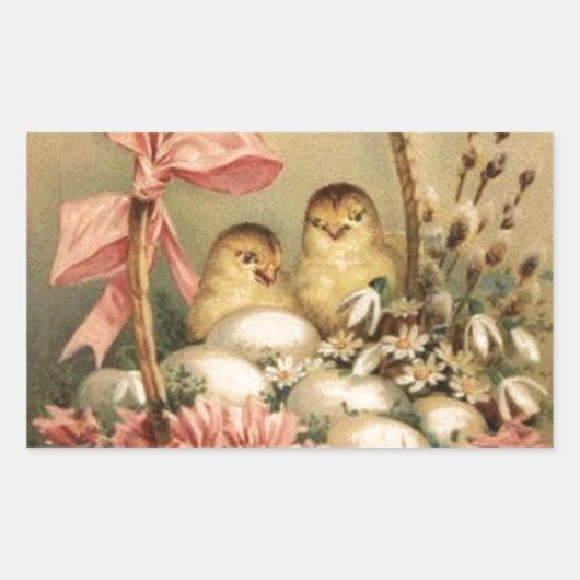 STICKER RECTANGULAIRE PANIER ÉLÉGANT, POULET, FLEURS ET OEUFS DE PÂQUES (Devant)