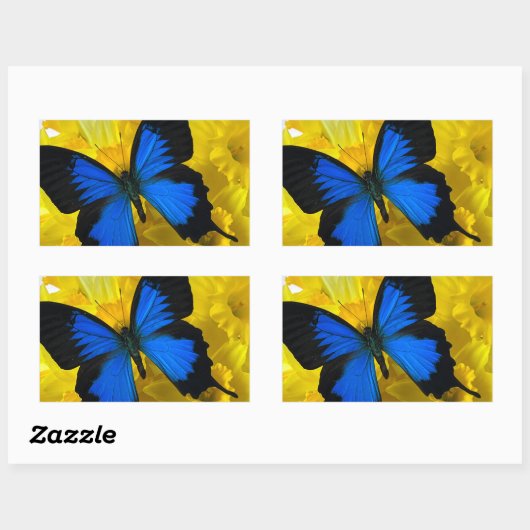 Sticker Rectangulaire Papillon bleu sur les jonquilles (Feuille)