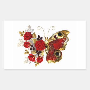 Sticker Rectangulaire Papillon de fleurs rouges aux roses rouges