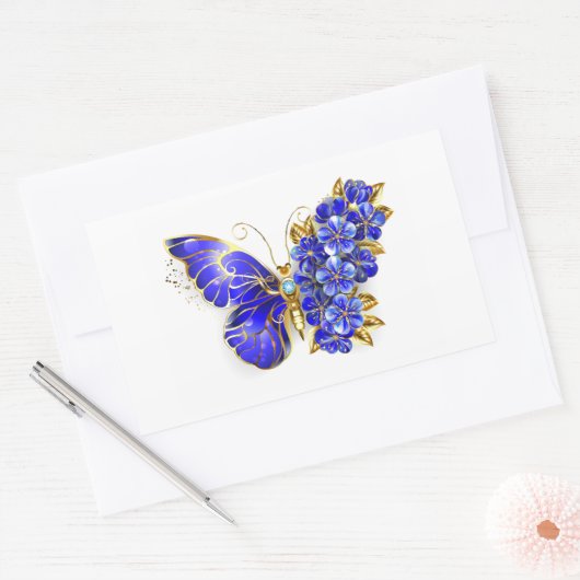 Sticker Rectangulaire Papillon saphir à fleurs (Enveloppe)