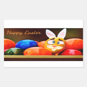 Sticker Rectangulaire Pâques - "Pâques heureuse" - Lapin/Oeufs