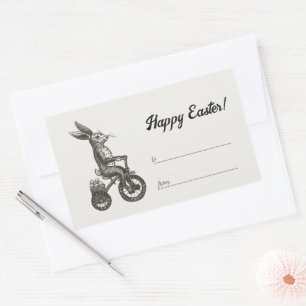 Sticker Rectangulaire Pâques Rétro minimaliste Vélo de lapin Panier d'oe