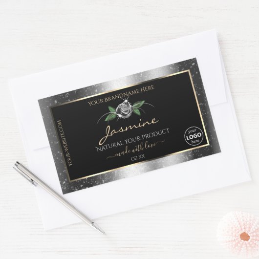 Sticker Rectangulaire Parties scintillant d'argent floral noir produit É (Enveloppe)