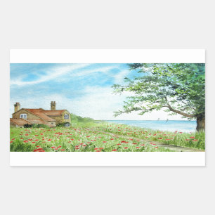 Sticker Rectangulaire Paysage du champ de pavot Peinture d'aquarelle