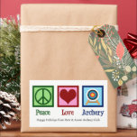 Sticker Rectangulaire Peace Love tir à l'arc Custom Christmas<br><div class="desc">Bons autocollants-cadeaux personnalisés pour le tir à l'arc. Belle auto-collant personnalisé Peace Love Archery avec un signe vert de paix,  un coeur rouge et une cible pour un archer.</div>