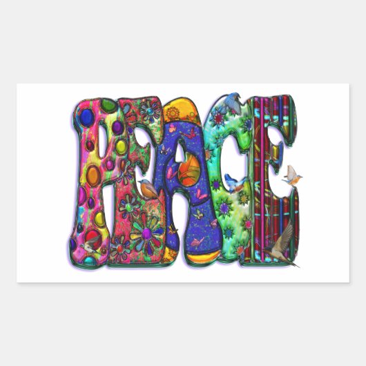 Sticker Rectangulaire Peace Word Art Oiseaux et papillons (Devant)