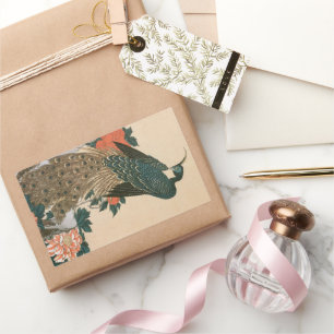 Sticker Rectangulaire Peacock and Peonies de Hiroshige, Art japonais