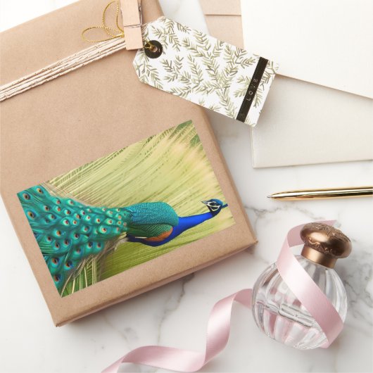 Sticker Rectangulaire Peacock bleu dans l'herbe (Cadeaux)
