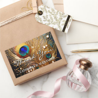Sticker Rectangulaire Peacock thank you wedding feathers plumage