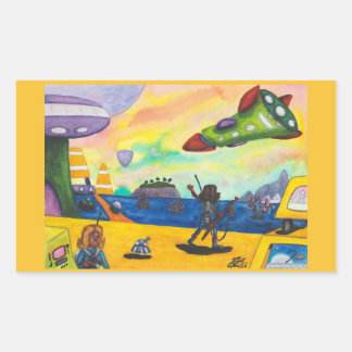 Sticker Rectangulaire Peinture à l'aquarelle Vaisseau spatial Planète Aé