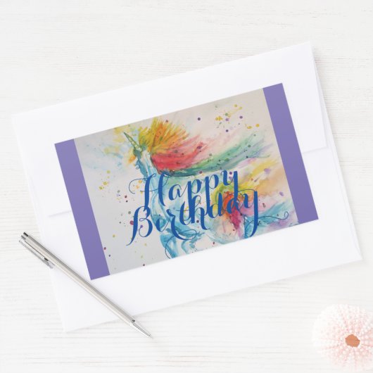 Sticker Rectangulaire Peinture Unicorne Joyeux Anniversaire Art Re (Enveloppe)