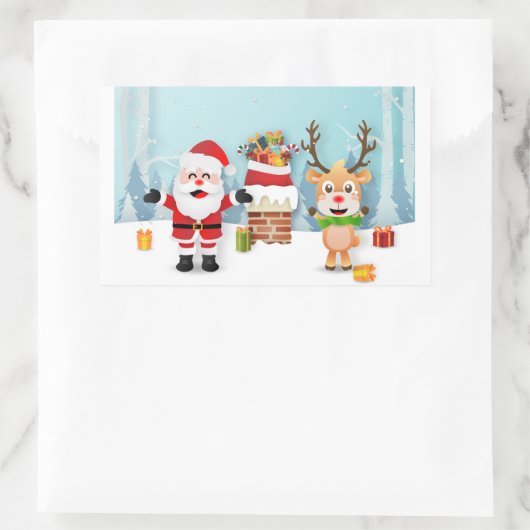 Sticker Rectangulaire Père Noël Et Rennes (Sac)