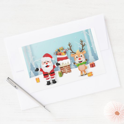 Sticker Rectangulaire Père Noël Et Rennes (Enveloppe)