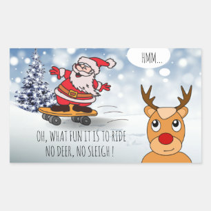 Sticker Rectangulaire Père Noël sur skateboard drôle de rennes traîneau 