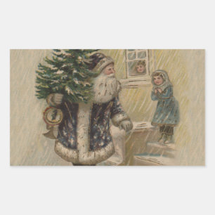 Sticker Rectangulaire Père Noël Vintage Neige Arbre de Noël