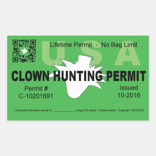 Sticker Rectangulaire Permis de chasse aux clowns (vert) (4x) (Devant)