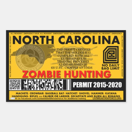 Sticker Rectangulaire Permis de chasse zombie Caroline du Nord (Devant)