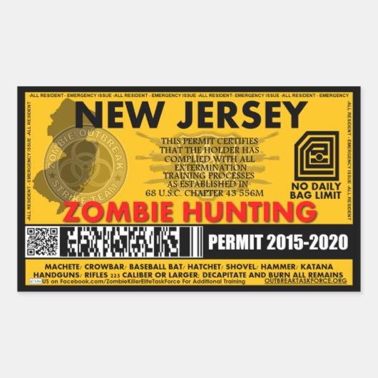 Sticker Rectangulaire Permis de chasse zombie New Jersey (Devant)