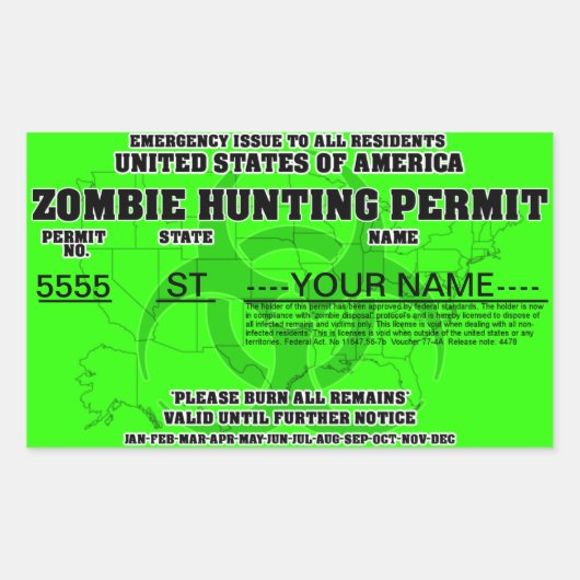 Sticker Rectangulaire Permis de chasse zombie (vert brillant) (Devant)