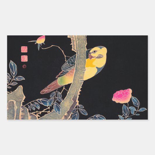 Sticker Rectangulaire Perroquet sur la branche d'un Rose en fleurs Bush (Devant)