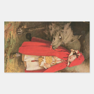 Sticker Rectangulaire Petit chapeau rouge vintage et grand loup méchant