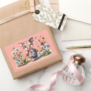 Sticker Rectangulaire Petit Cochon Patchwork dans un Jardin Fleuri Magne