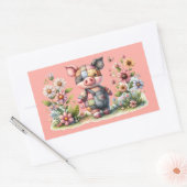Sticker Rectangulaire Petit Cochon Patchwork dans un Jardin Fleuri Magne (Enveloppe)