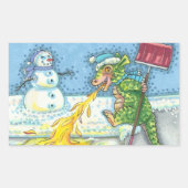 STICKER RECTANGULAIRE PETIT DRAGON MELTING & SHOVELING NEIGE, FUNNY CUTE (Devant)