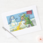 STICKER RECTANGULAIRE PETIT DRAGON MELTING & SHOVELING NEIGE, FUNNY CUTE (Enveloppe)