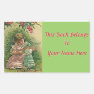 Sticker Rectangulaire Petite fille vintage avec poupée bébé Plaque de no