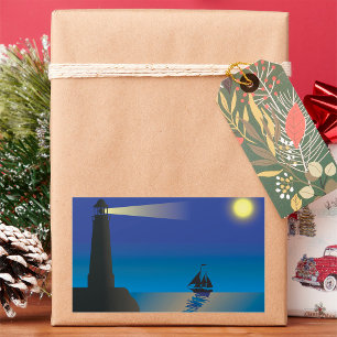 Sticker Rectangulaire Phare et voilier à Night Moonlit Ocean