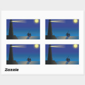Sticker Rectangulaire Phare et voilier à Night Moonlit Ocean (Feuille)