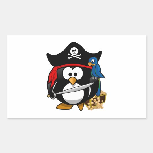 Sticker Rectangulaire Pingouin de pirate mignon avec coffre au trésor (Devant)