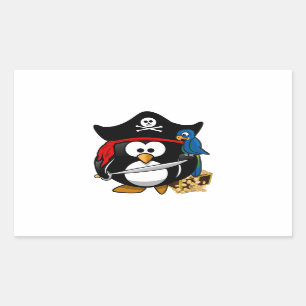Sticker Rectangulaire Pingouin de pirate mignon avec coffre au trésor