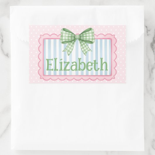 Sticker Rectangulaire Pink and Blue Frame With Green Gingham Bow (Sac)