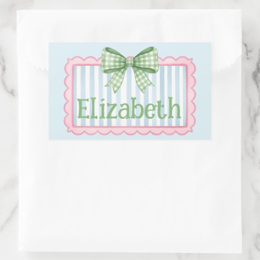 Sticker Rectangulaire Pink and Blue Frame With Green Gingham Bow (Sac)