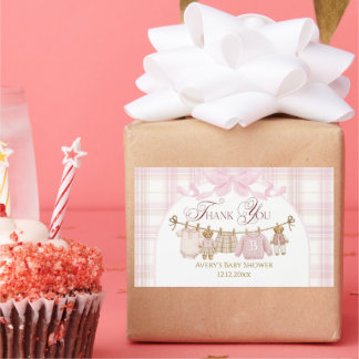 Sticker Rectangulaire Pink Preppy Teddy Bear Girl Baby Shower Plaid Bow