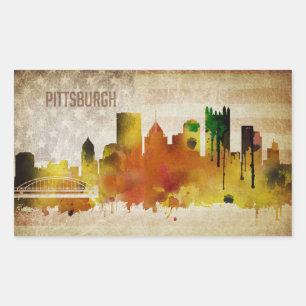 Sticker Rectangulaire Pittsburgh, horizon de ville d'aquarelle de la PA
