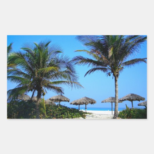 Sticker Rectangulaire Plage de sable avec palmiers et vue sur l'océan (Devant)