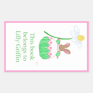 Sticker Rectangulaire Plaque-bibliothèque lapin rose et vert rayé