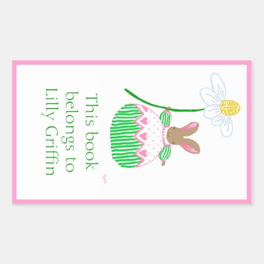 Sticker Rectangulaire Plaque-bibliothèque lapin rose et vert rayé (Devant)