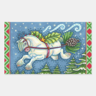 STICKER RECTANGULAIRE PONY PULLING PINECONE SLEIGH DE NOËL VOLANT