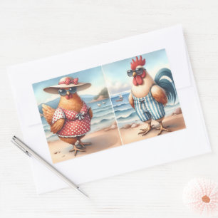 Sticker Rectangulaire Poulets en maillots de bain au bord de la mer